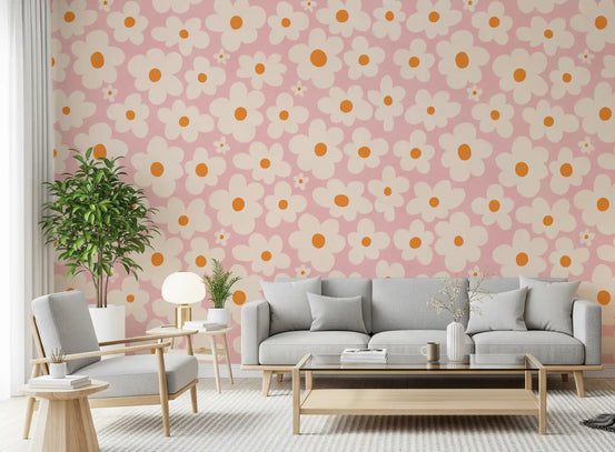 Retro cream daisy field wall mural warming a sunlit living room, GD11112
