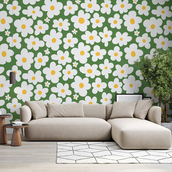 Retro daisy meadow wall mural filling a living room with green and white GD11114
