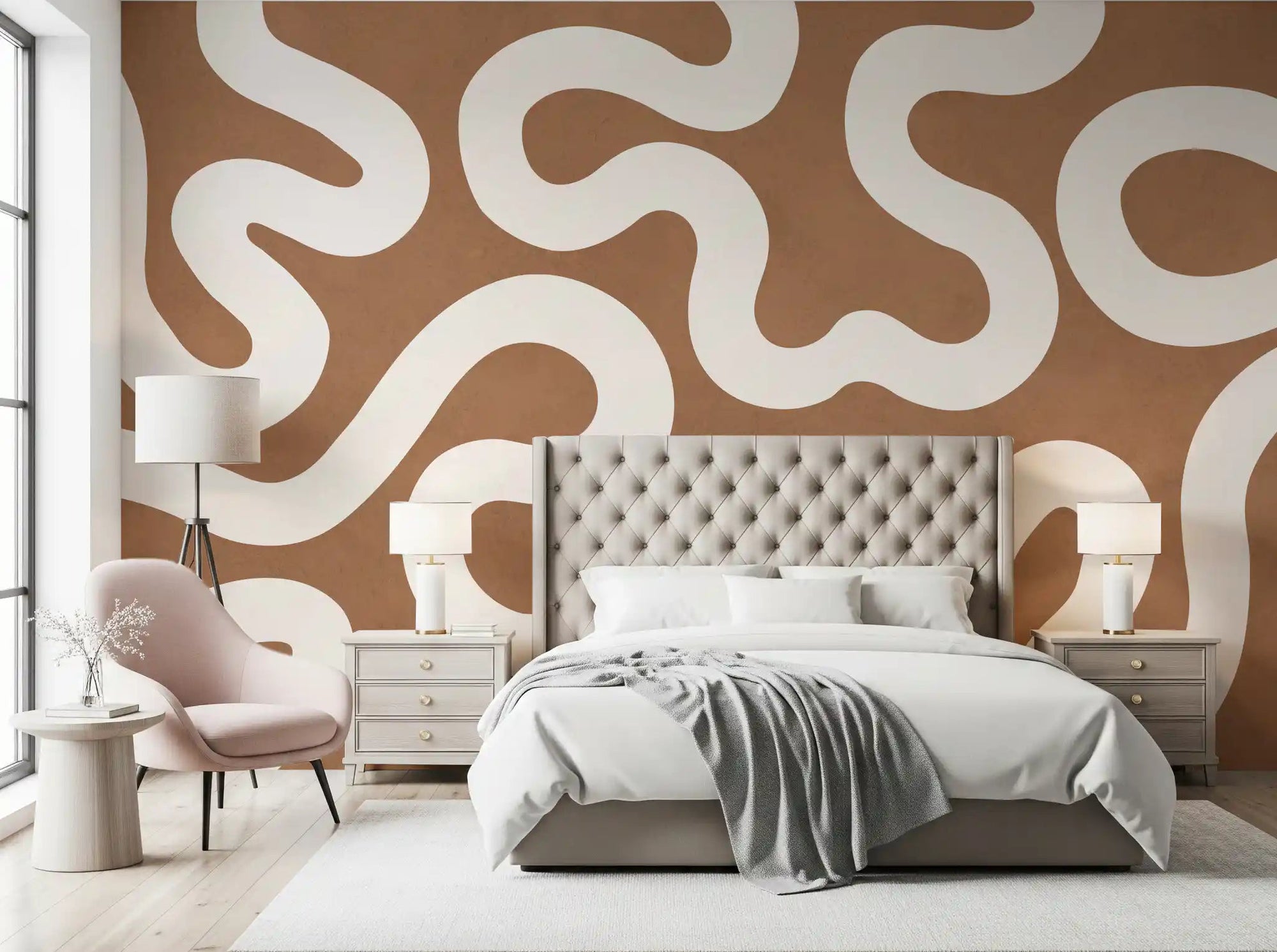 Warm terracotta and creamy swirls calm a bedroom, wall mural GD11115
