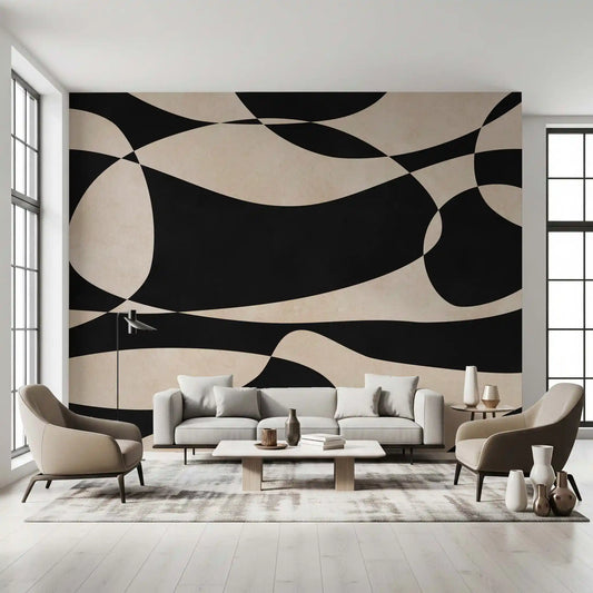 Abstraktes Wandbild mit Creme- und Kohlefarben im Zusammenspiel