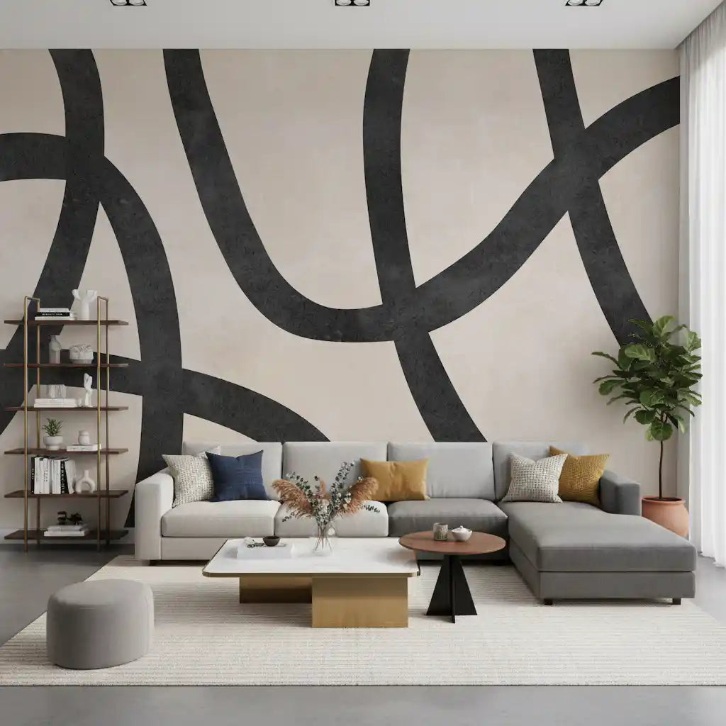 Monochrome Sculptural Loops wall mural framing a modern living room, GD11118
