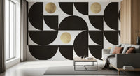 Modernistisches geometrisches Wandbild mit goldenen und schwarzen Bögen