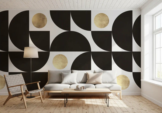 Modernistisk geometrisk vægmaleri med gyldne og sorte buer