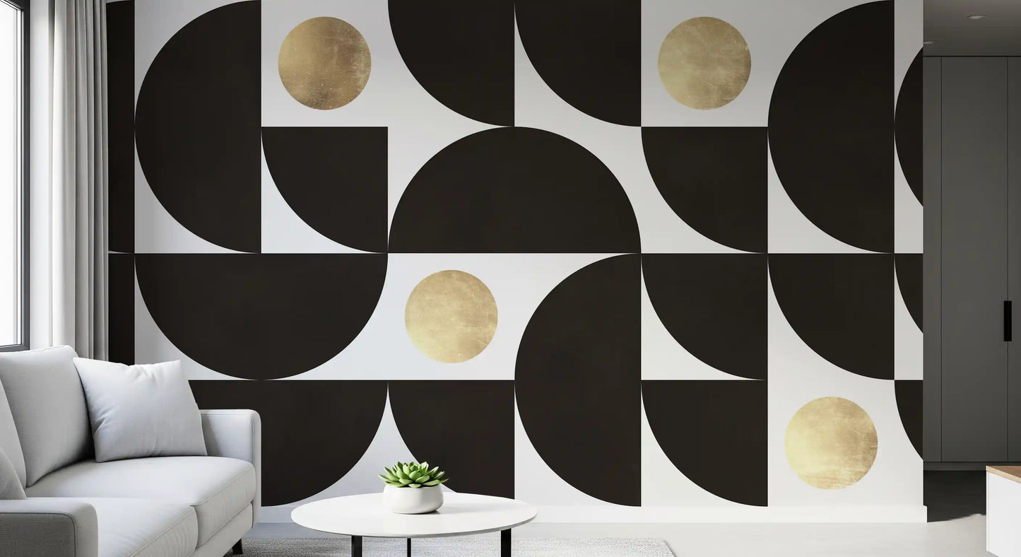 Modernistisches geometrisches Wandbild mit goldenen und schwarzen Bögen