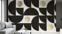 Modernistisches geometrisches Wandbild mit goldenen und schwarzen Bögen