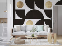 Modernistisches geometrisches Wandbild mit goldenen und schwarzen Bögen