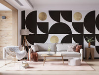 Modernistisches geometrisches Wandbild mit goldenen und schwarzen Bögen