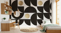 Modernistisches geometrisches Wandbild mit goldenen und schwarzen Bögen