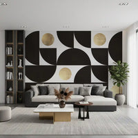 Modernistisches geometrisches Wandbild mit goldenen und schwarzen Bögen