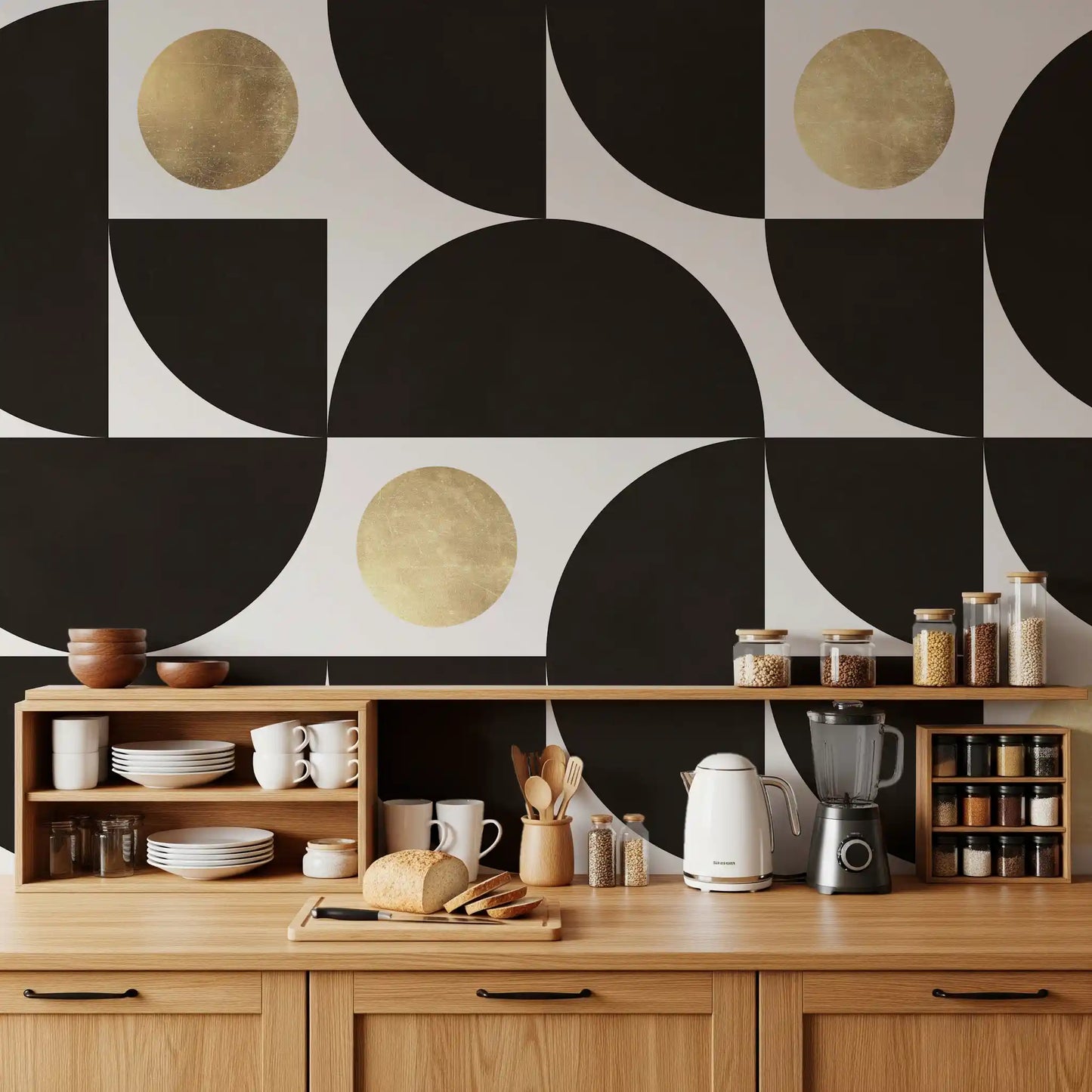 Modernistisches geometrisches Wandbild mit goldenen und schwarzen Bögen