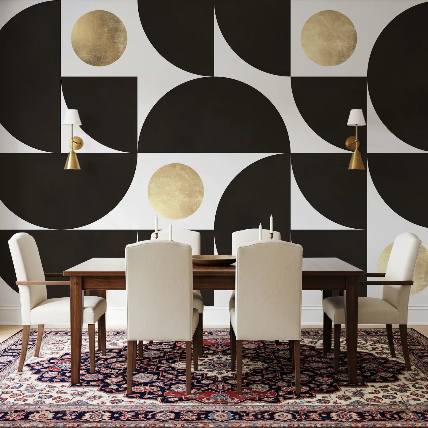 Modernistisches geometrisches Wandbild mit goldenen und schwarzen Bögen