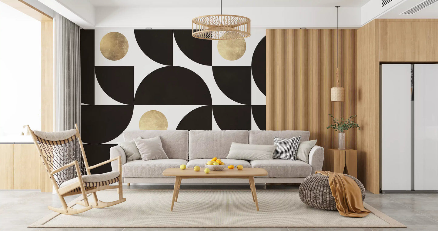 Modernistisches geometrisches Wandbild mit goldenen und schwarzen Bögen