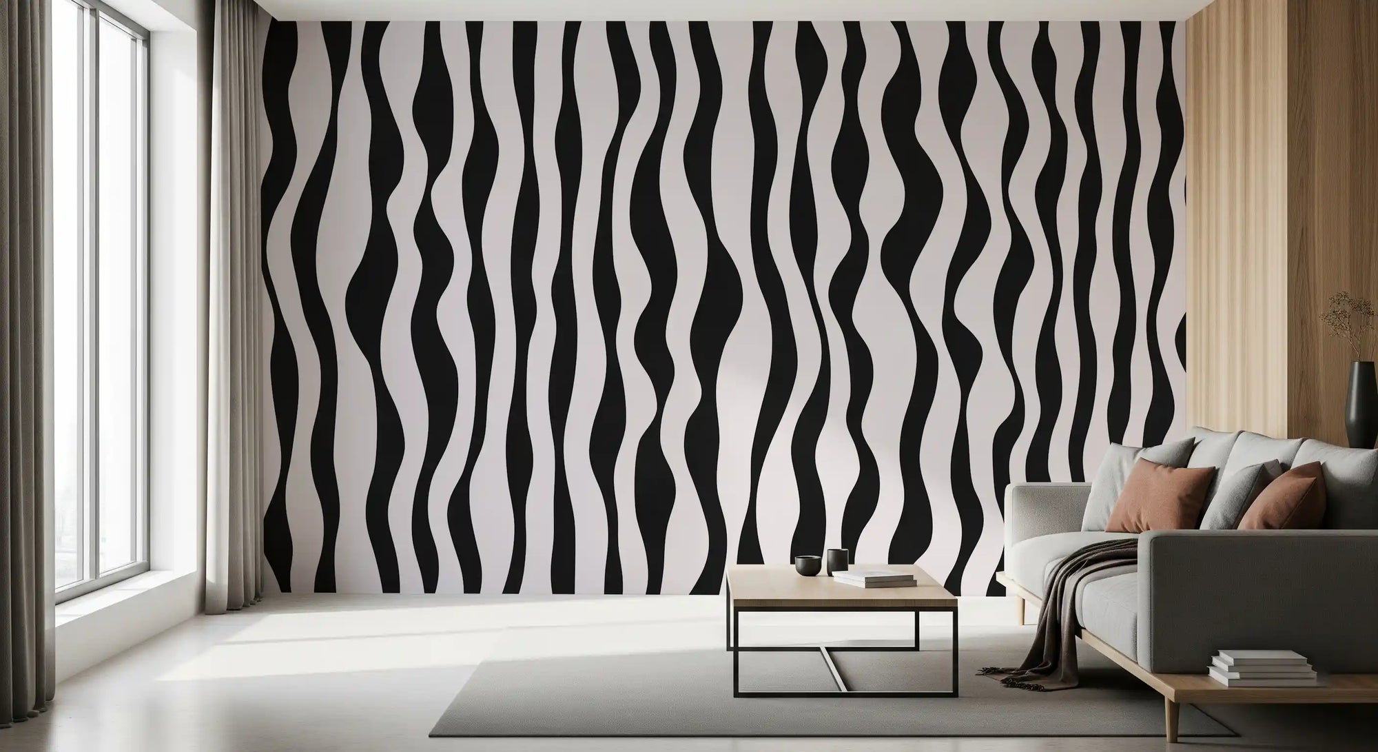 Wavy black and white stripes give a Living room bold rhythm, wall mural GD11120
