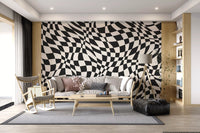Tapet mural cu model în carouri monocrom ondulat