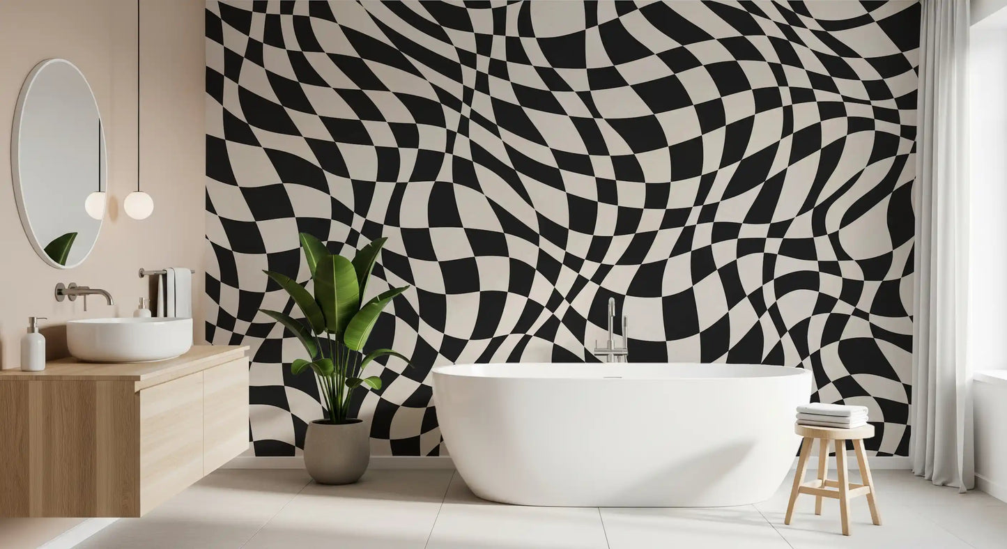 Tapet mural cu model în carouri monocrom ondulat