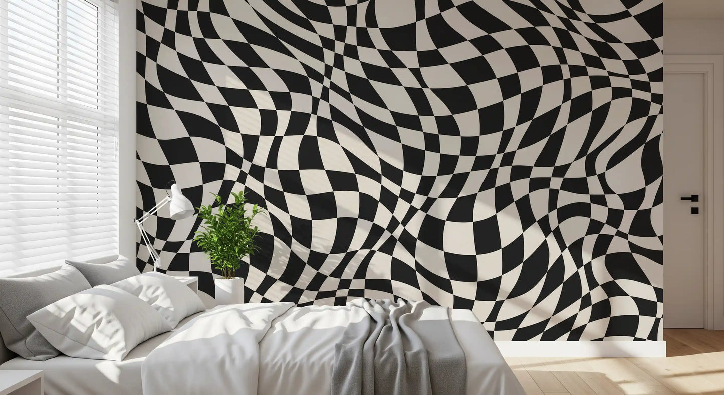 Tapet mural cu model în carouri monocrom ondulat