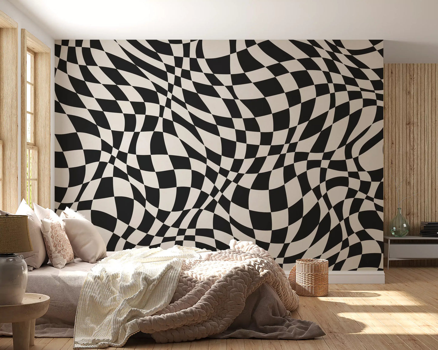 Tapet mural cu model în carouri monocrom ondulat