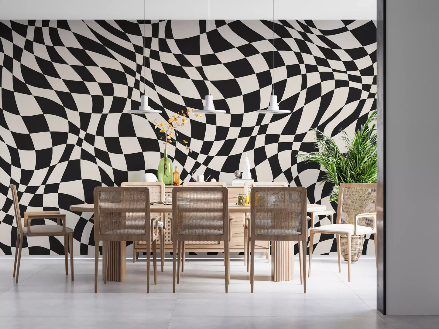 Tapet mural cu model în carouri monocrom ondulat