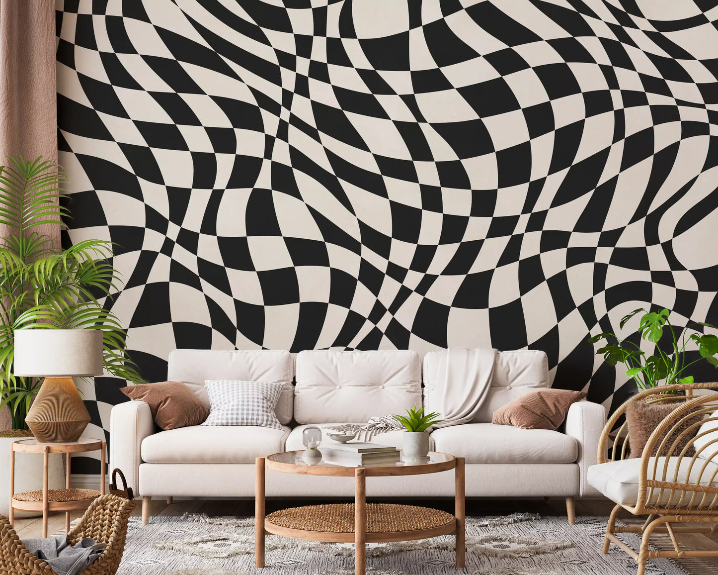 Tapet mural cu model în carouri monocrom ondulat