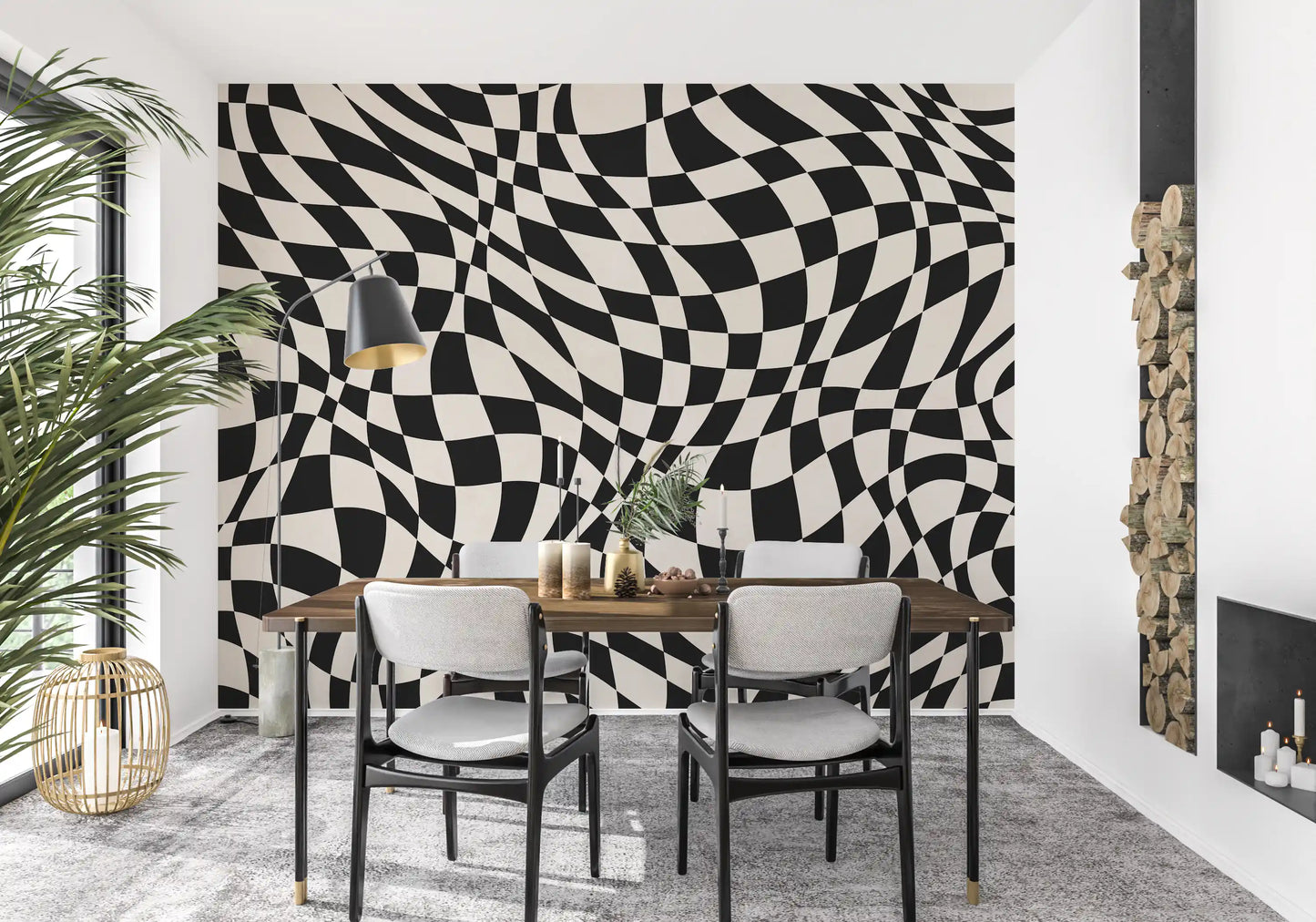 Tapet mural cu model în carouri monocrom ondulat