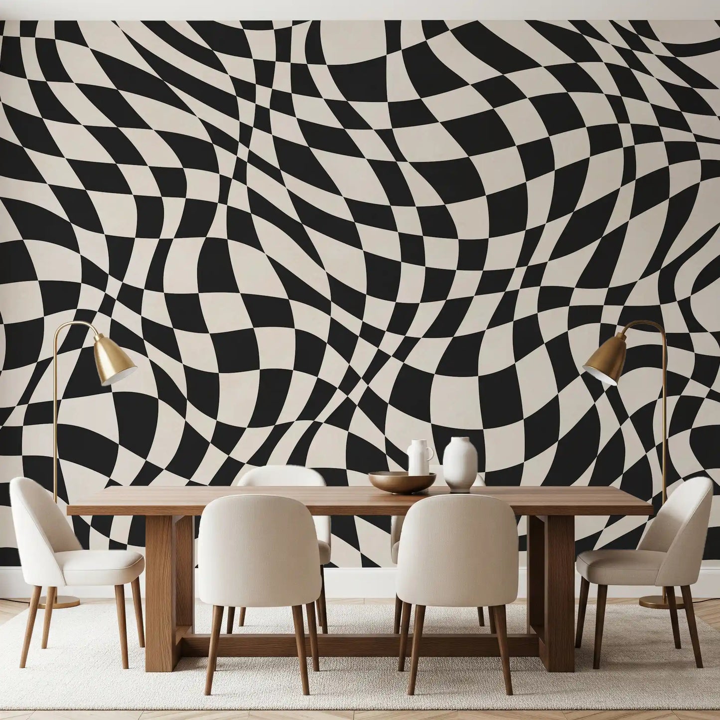 Tapet mural cu model în carouri monocrom ondulat