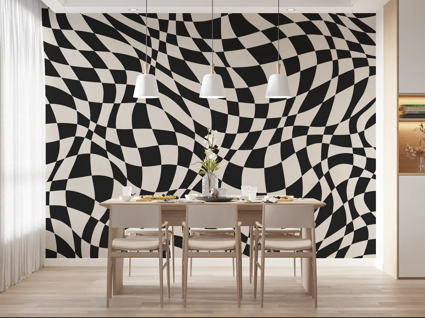 Tapet mural cu model în carouri monocrom ondulat