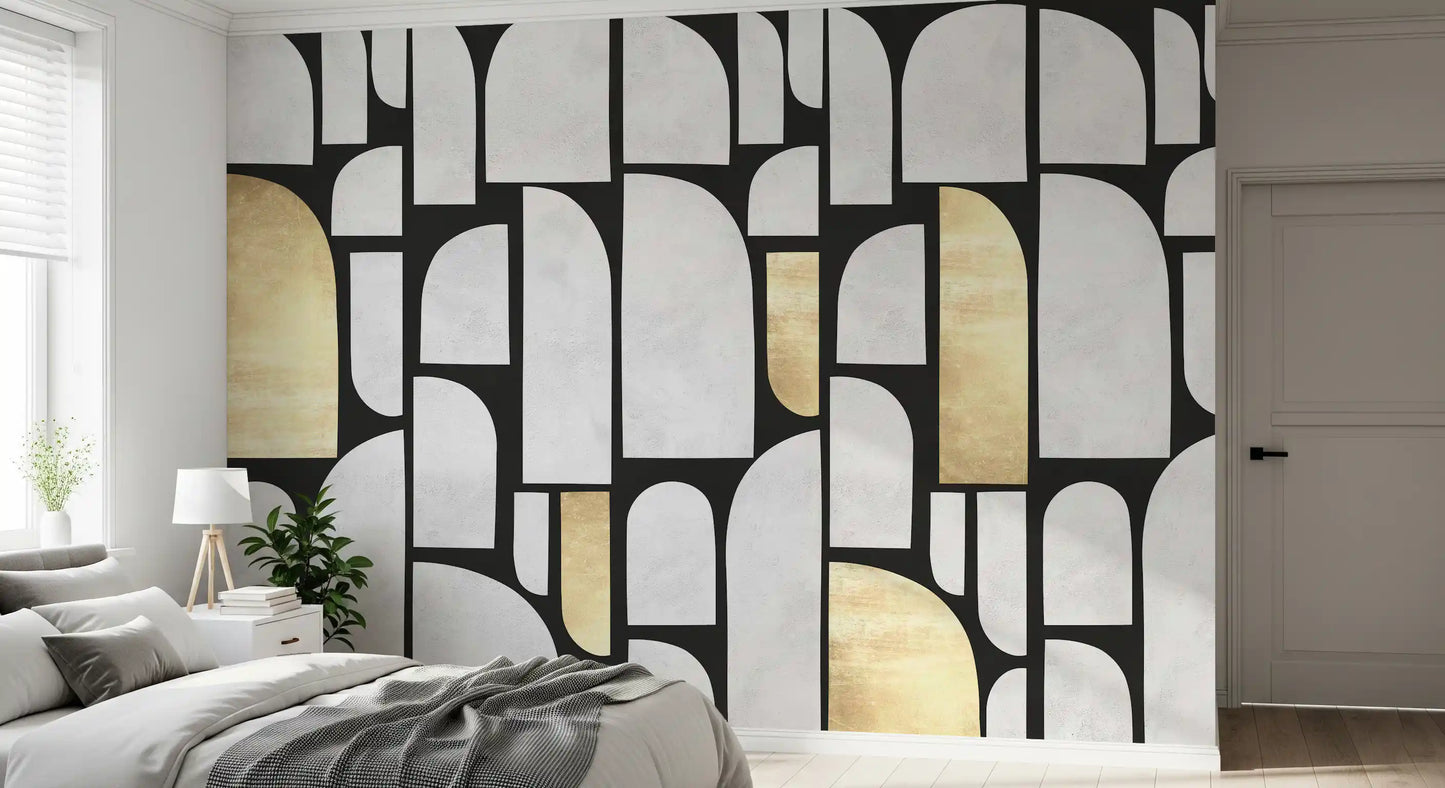 Fresque murale motif arche en or et pierre moderniste