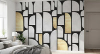 Fresque murale motif arche en or et pierre moderniste