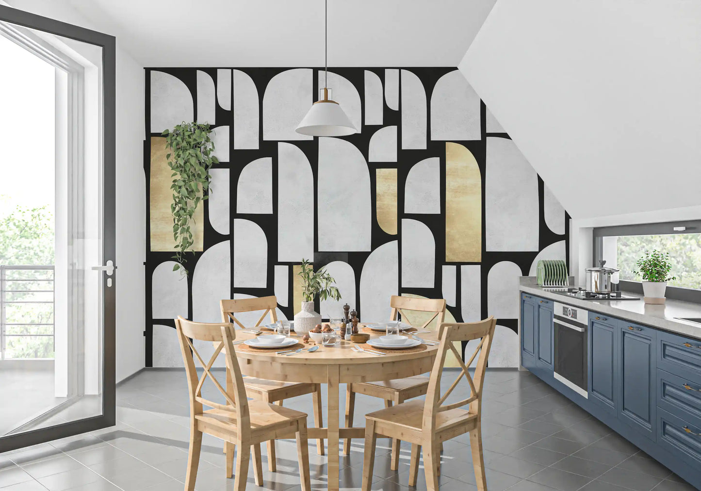 Fresque murale motif arche en or et pierre moderniste