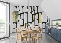 Fresque murale motif arche en or et pierre moderniste