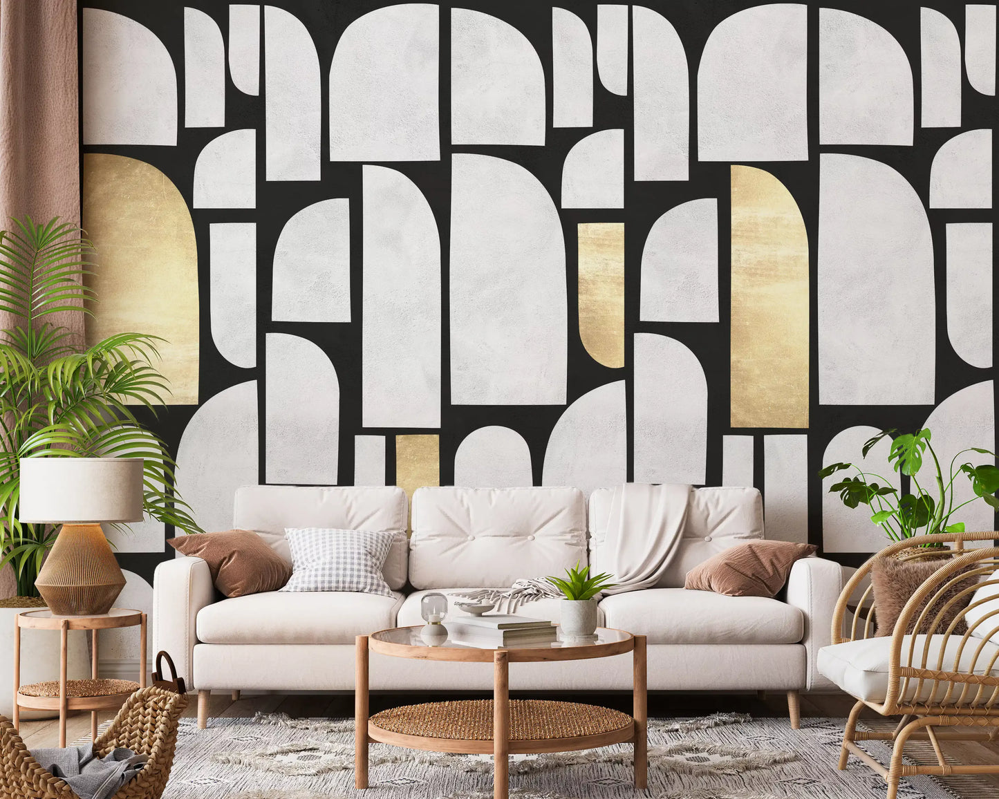 Fresque murale motif arche en or et pierre moderniste