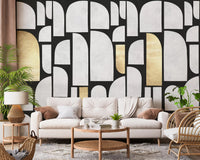 Fresque murale motif arche en or et pierre moderniste