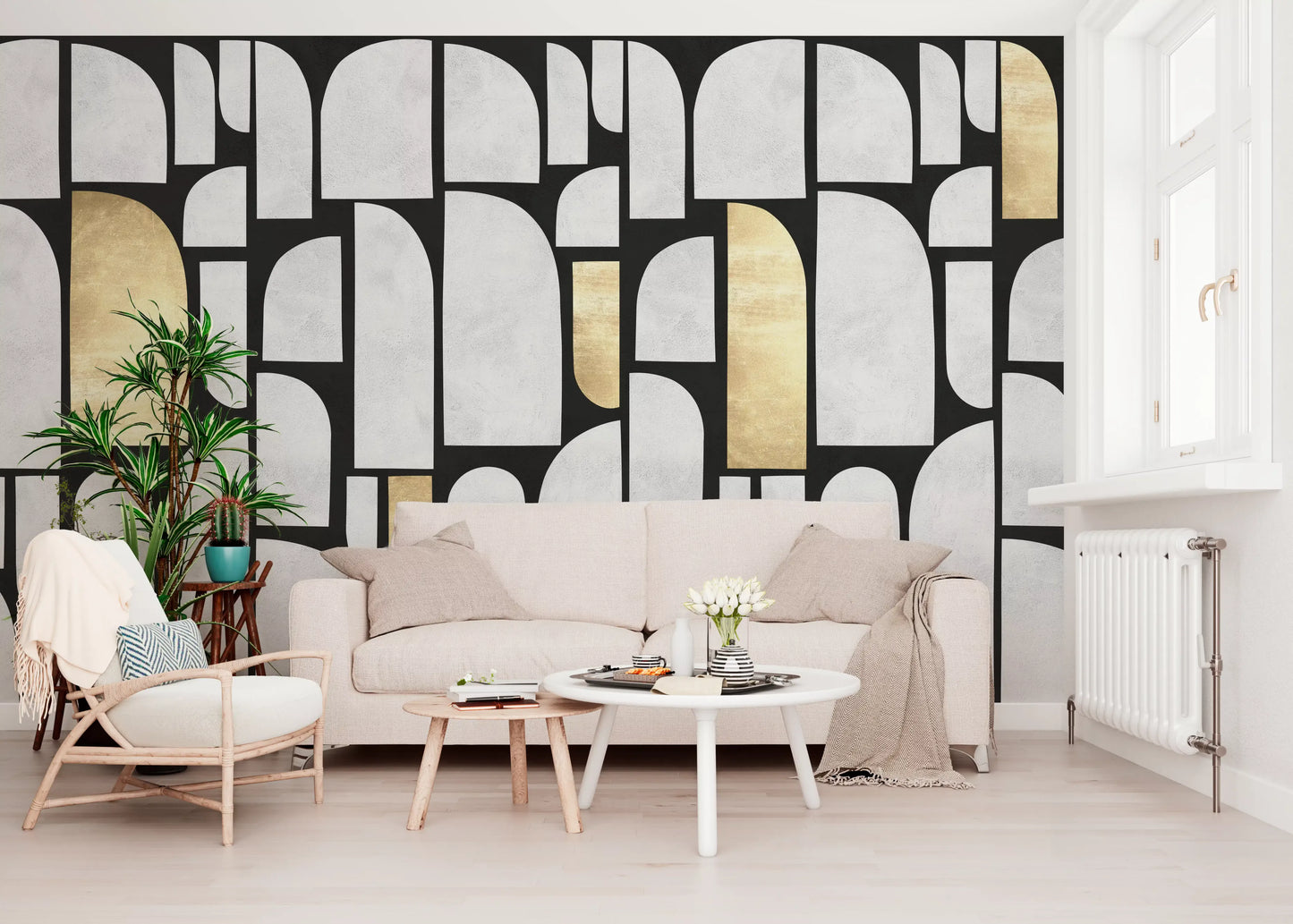 Fresque murale motif arche en or et pierre moderniste