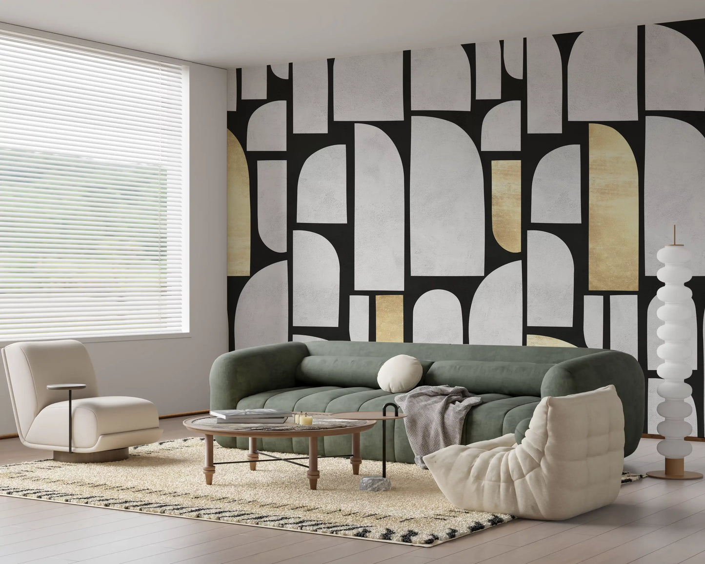 Fresque murale motif arche en or et pierre moderniste