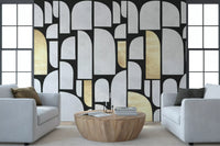 Fresque murale motif arche en or et pierre moderniste