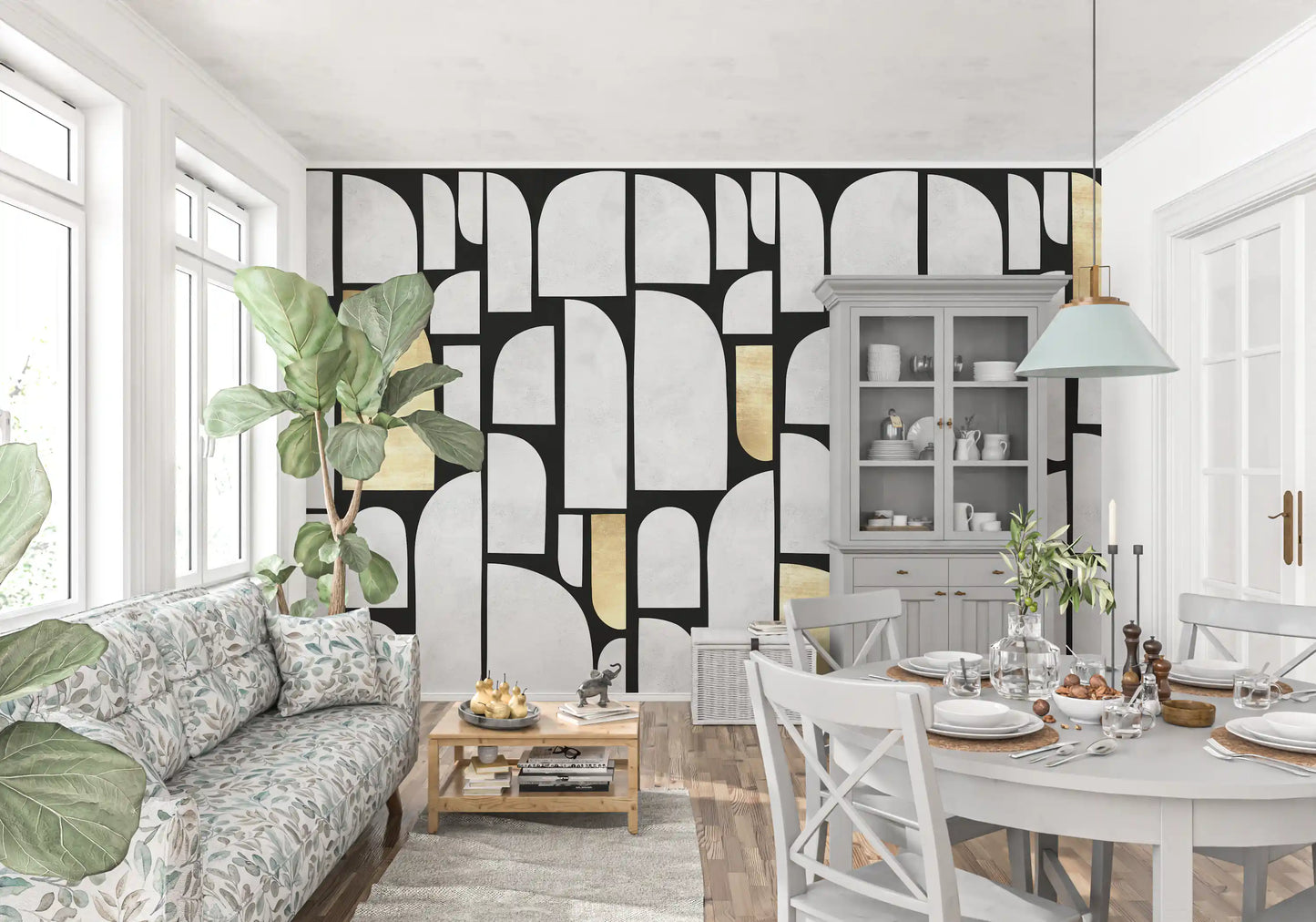 Fresque murale motif arche en or et pierre moderniste