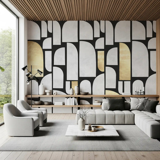 Gold accents glinting on stone in a modernist wall mural above a Living room, GD11122
