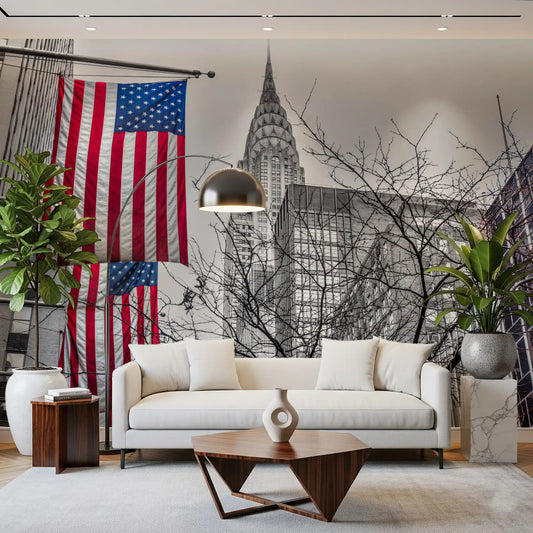 Living room styled with the Manhattan Cityscape flag wall mural, GD11123
