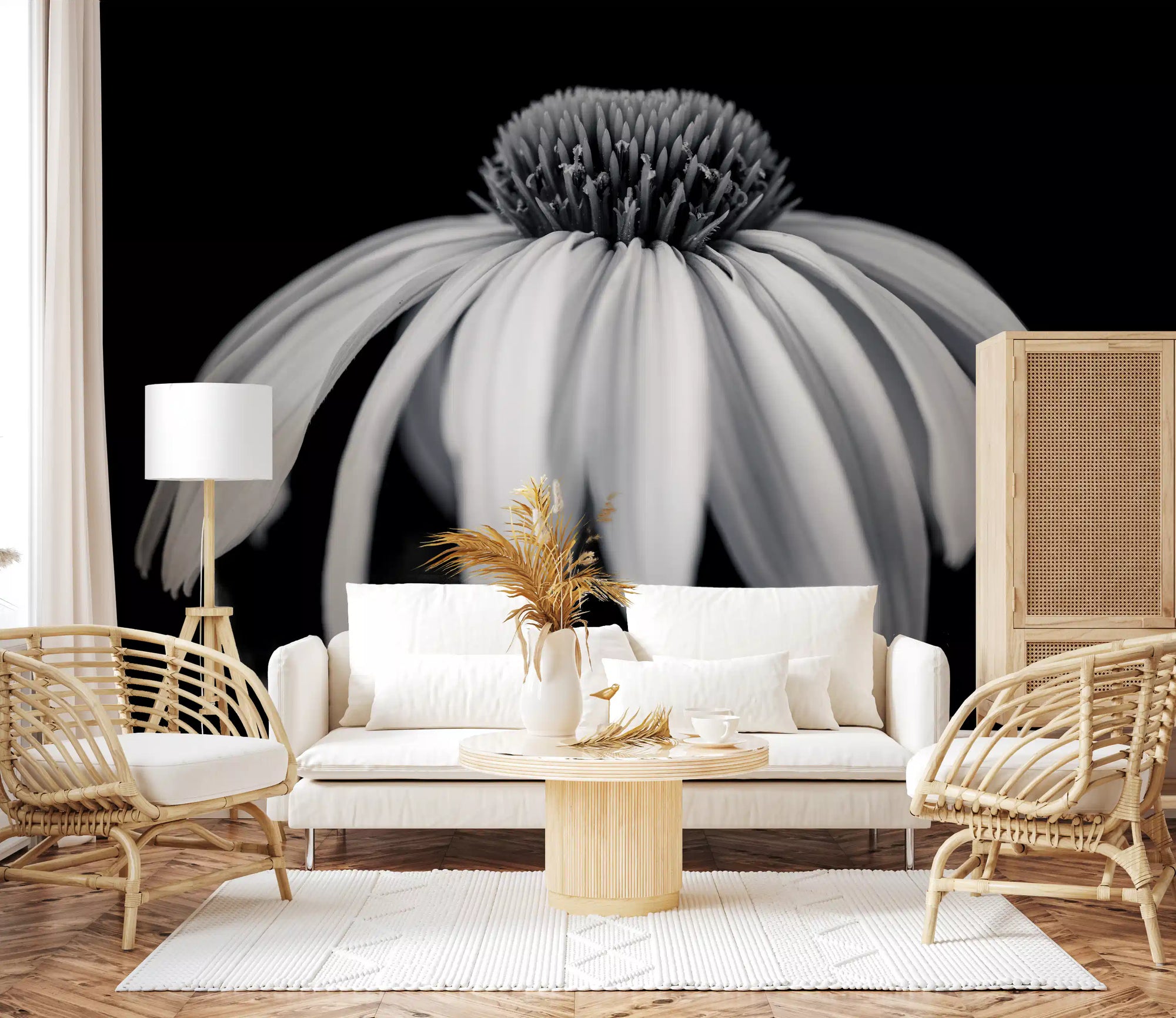 White petals drooping on a monochrome wall mural in a living room GD11124
