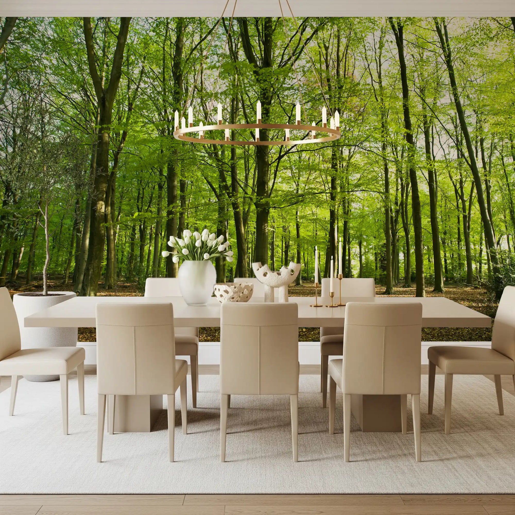 Beech grove wall mural spanning a calm dining room in green GD11126