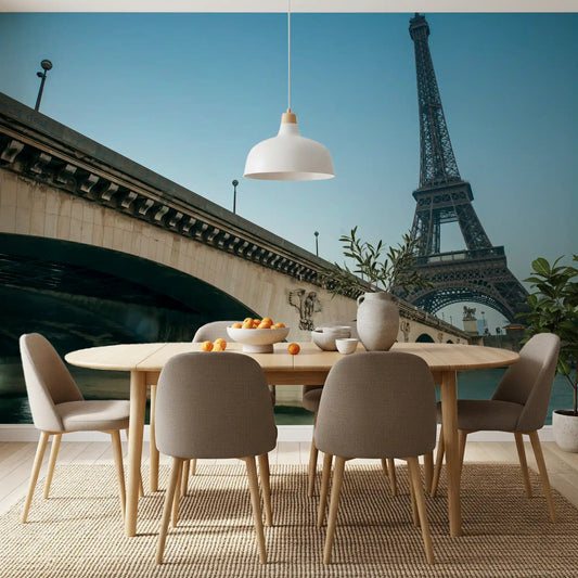Eiffel Tower over the Seine fills a dining room, teal wall mural view, GD11128