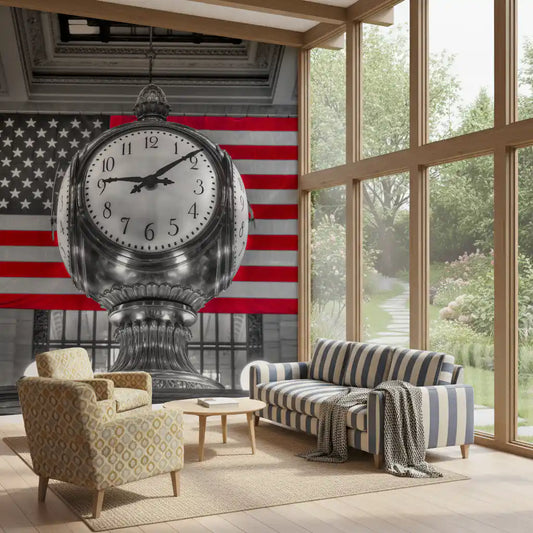 Red flag behind a steel clock in a Living room, Grand Terminal wall mural GD11130
