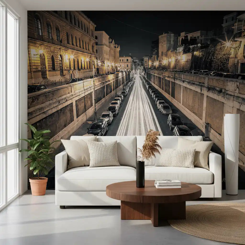 Light trails streaming across a night city wall mural in a living room GD11133