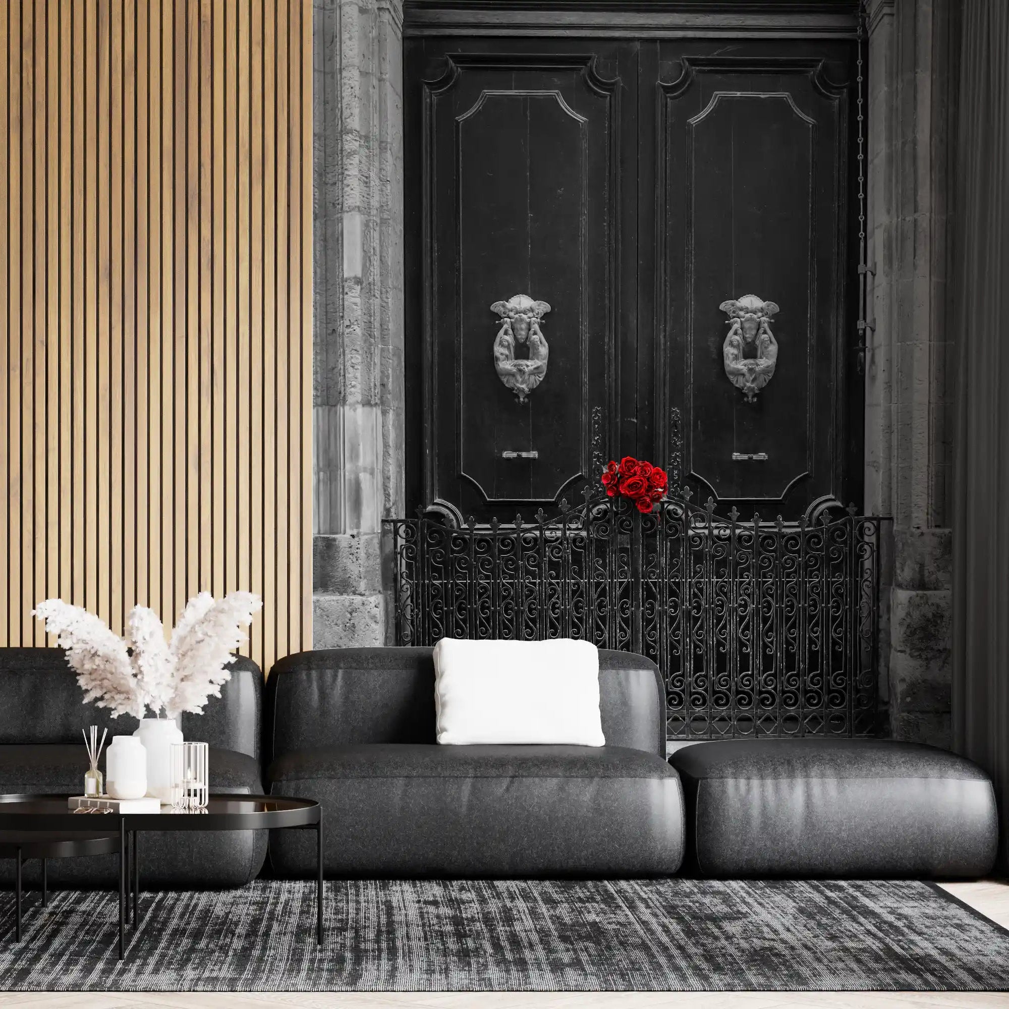 Stone archway wraps the ebony doors as red roses light the wall mural scene GD11142
