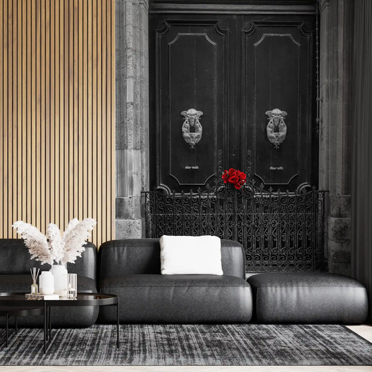 Stone archway wraps the ebony doors as red roses light the wall mural scene GD11142
