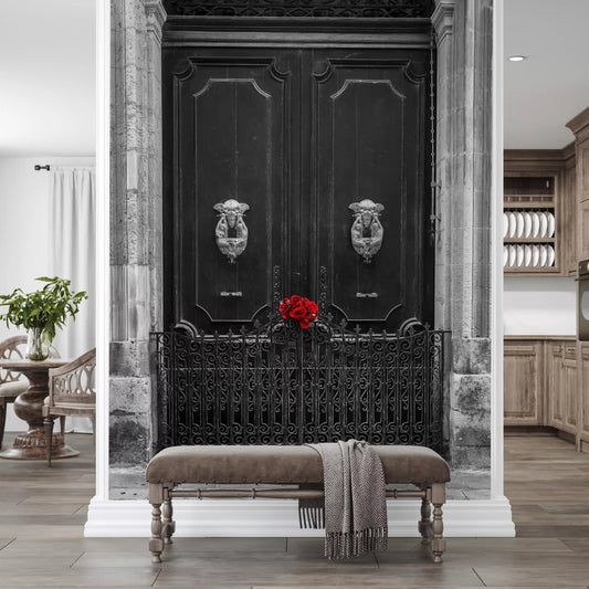 Scarlet Roses doorway and ironwork wall mural set in an entryway GD11142
