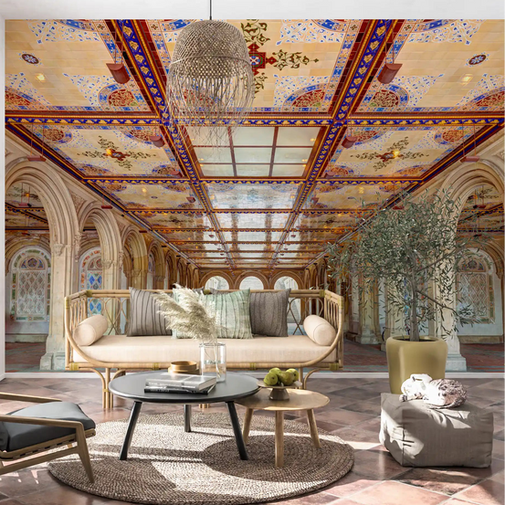 Minton tile archway wall mural spanning a living room GD11144
