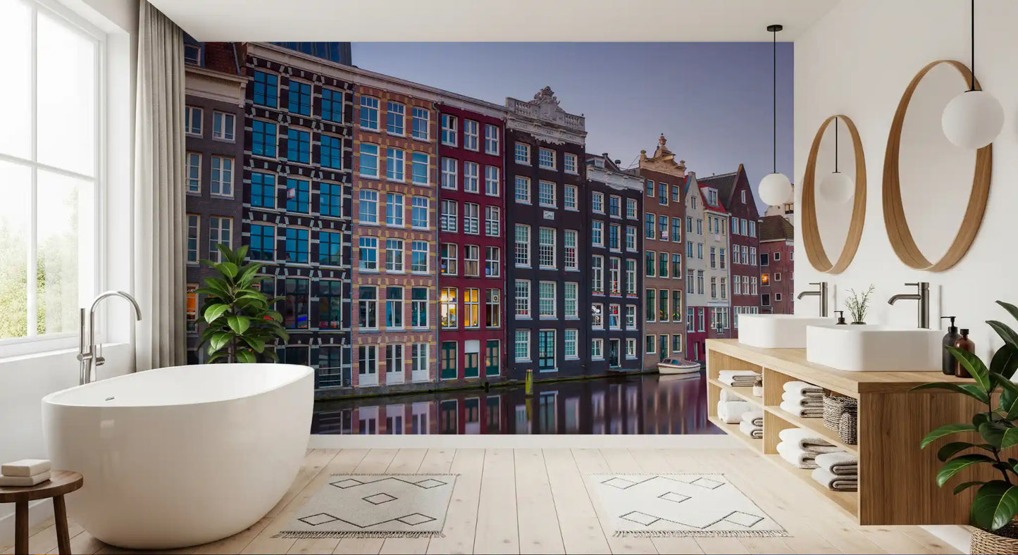 Fototapet arhitectură la amurg pe canalul din Amsterdam