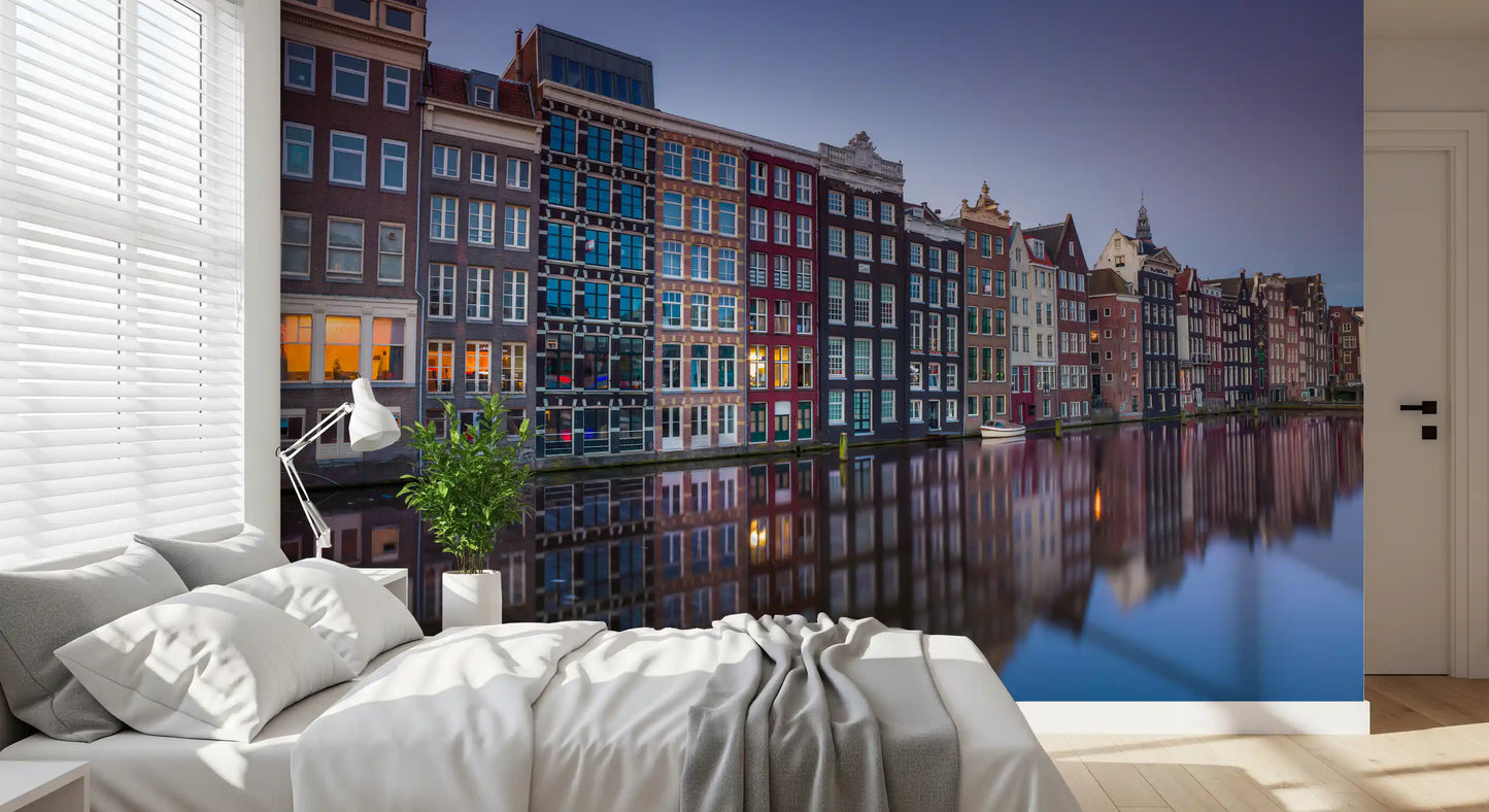 Fototapet arhitectură la amurg pe canalul din Amsterdam