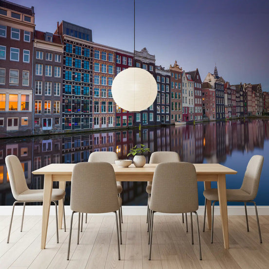 Dusk Amsterdam houses wall mural above a dining room reflection GD11147
